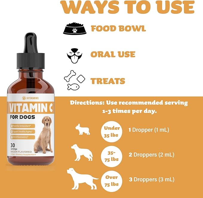 Vitamin C for Dogs | Helps with Improving Immune Health | Vitamin C for Dogs Liquid | Dog Immune Support | Dog Immune and Allergy Supplement | Dog Immune Booster | 1 oz Bacon Flavor