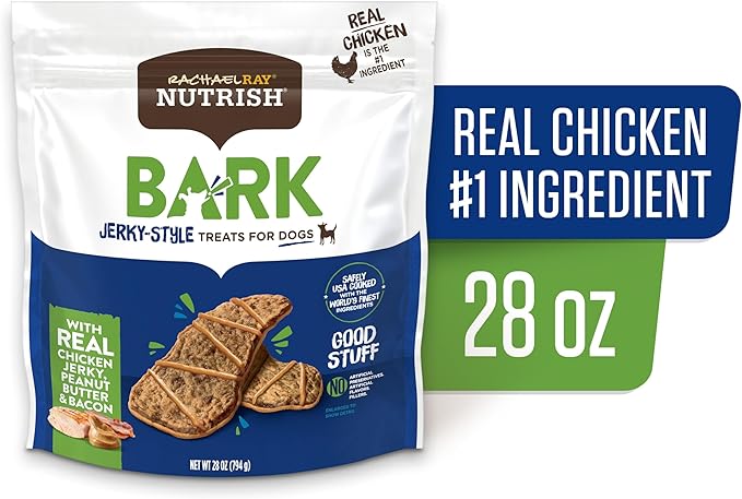 Nutrish Rachael Ray Bark Jerky-Style Dog Treats with Real Chicken Jerky, Peanut Butter & Bacon, 28 Ounce (Pack of 1)