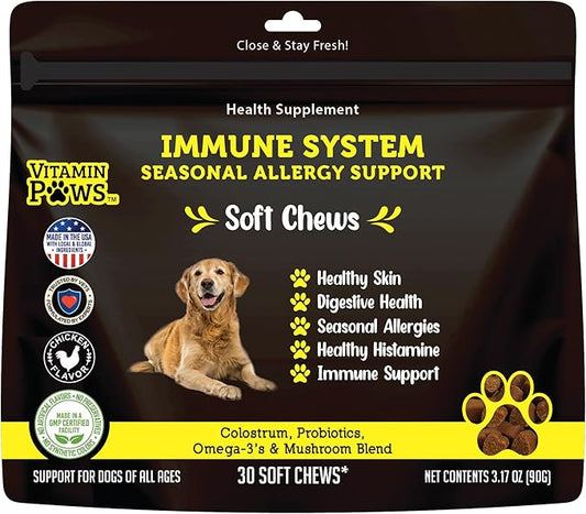 Allergy and Itch Skin Supplement | Immune Support Chews with Probiotics, Turmeric, Omega 3, Colostrum | Dog Chews for Gut & Digestive Health, Seasonal Allergies, Nose Congestion