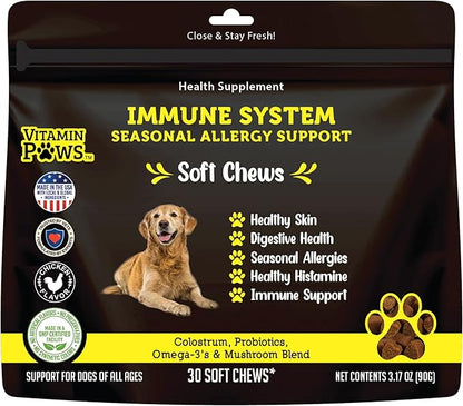 Allergy and Itch Skin Supplement | Immune Support Chews with Probiotics, Turmeric, Omega 3, Colostrum | Dog Chews for Gut & Digestive Health, Seasonal Allergies, Nose Congestion