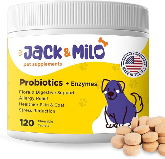 Jack & Milo Probiotics for Dogs, Digestive Enzymes, Allergy & Immune Support Probiotic-Dog Probiotics, Veterinary Grade, 7.5 Billion CFU's +Pancreatic 4X, Unique Blend- USA Made, 120 Tablets