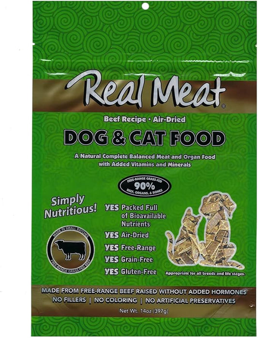 Real Meat Air Dried Cat Food & Dog Food w/Real Beef - 14oz of USA-Crafted Grain-Free Dry Dog & Cat Food Sourced from Hormone-Free, Free-Range, Grass-Fed Beef - All Natural, High Protein Pet Food