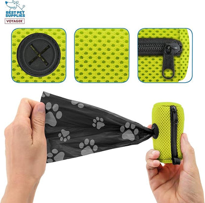 Best Pet Supplies Dog Poop Bag Holder Leash Attachment with 15 Bags, Lime Green, Reusable Mesh Dispenser Pouch for Travel, Walking, Park, and Outdoor Use, Soft and Durable with Clip-On (Pack of 4)