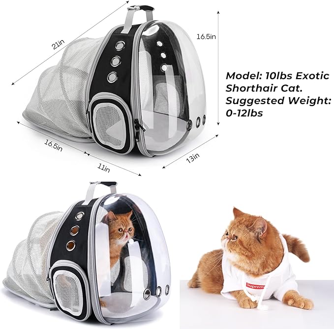 Lollimeow Bubble Expandable Cat Backpack Pet Travel Carrier for Cats and Dogs (Black-Expandable)
