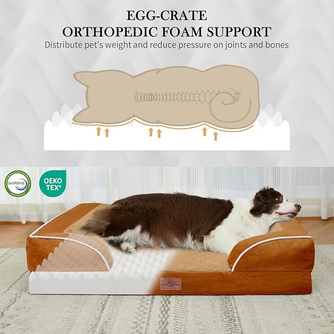 XL Dog Beds, Waterproof Dog Bed with Bolster, Extra Large Dog Beds Orthopedic, Washable Dog Bed Sofa Pet Bed with Removable Cover & Non-Slip Bottom(X-large,Caramel)