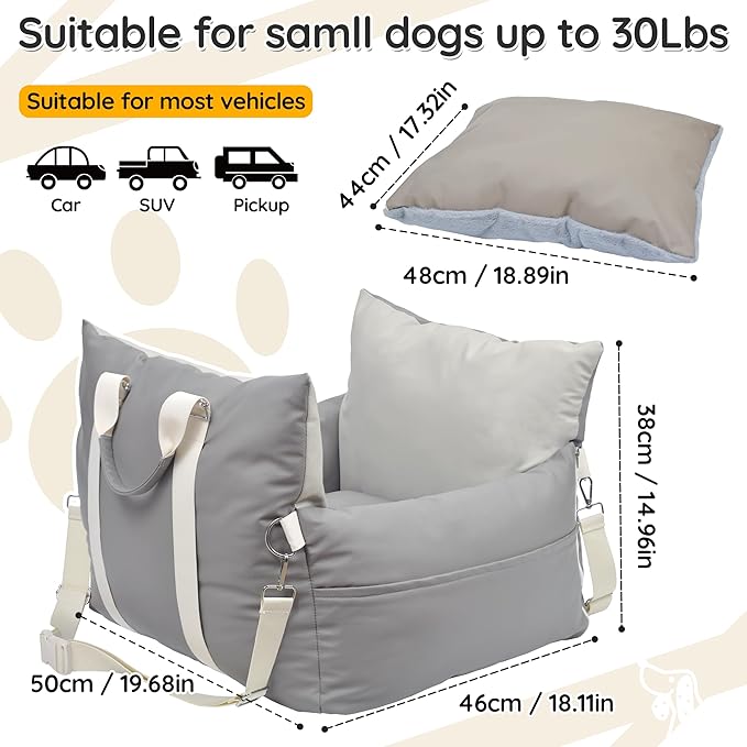 Dog Car Seat for Small Dogs, Upgraded Leather Dog Travel Carrier Bed, Dog Booster with Storage Pocket and Clip-On Safety Leash Fully Detachable and Scratch-Resistant Both Indoor and Outdoor Use