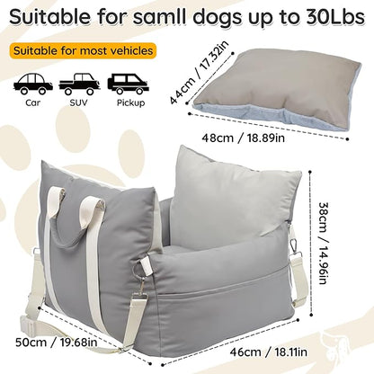 Dog Car Seat for Small Dogs, Upgraded Leather Dog Travel Carrier Bed, Dog Booster with Storage Pocket and Clip-On Safety Leash Fully Detachable and Scratch-Resistant Both Indoor and Outdoor Use