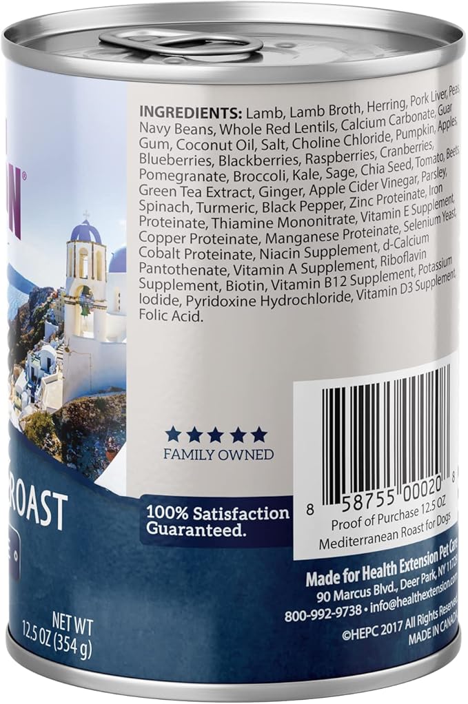 Health Extension Dog Food, Mediterranean Roast Lamb Recipe - 12.5 oz, Grain Free, Added Vitamins & Minerals, for All Life Stages, Vet Formulated, Improve Gut Health, Immune Support (Case of 12 Cans)