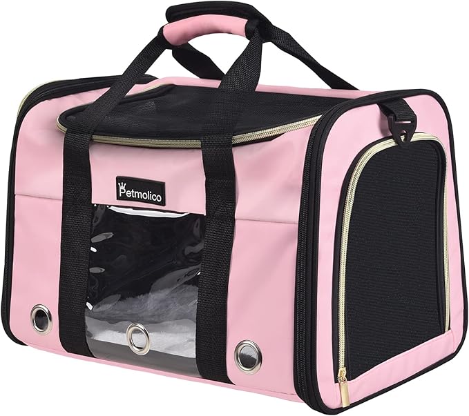 Petmolico Cat Carrier Dog Carrier, Airline Approved Soft Pet Travel Carrier with 3 Open Doors Mesh Windows for Cats Puppy 16 lbs, Pink