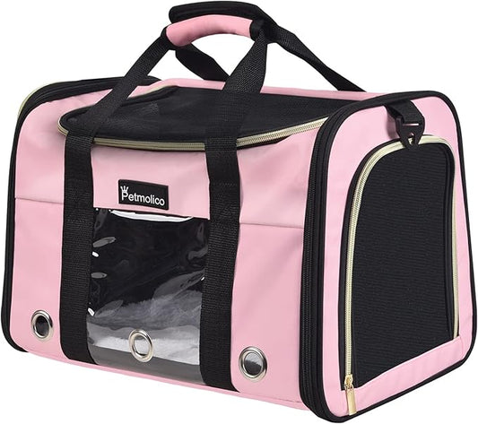 Petmolico Cat Carrier Dog Carrier, Airline Approved Soft Pet Travel Carrier with 3 Open Doors Mesh Windows for Cats Puppy 16 lbs, Pink
