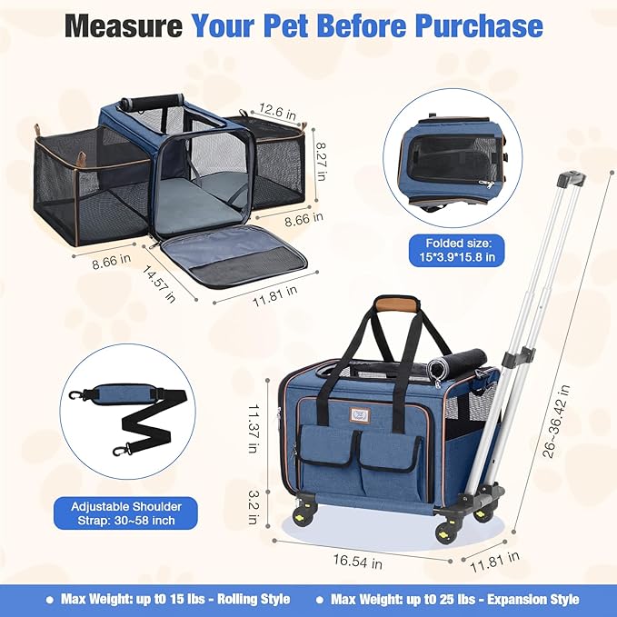 Lekereise Airline Approved Cat Dog Carrier with Wheels Expandable Rolling Pet Carrier for Medium Dogs and Cats Under 15 25LBS, Pet Travel Carrier on Wheels, Blue