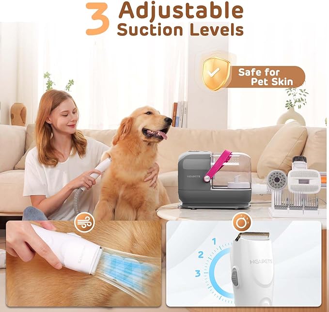 Dog Grooming Vacuum Kit, 3L Pet Grooming Vacuum with 7 Pet Grooming Tools, Dog Vacuum for Shedding Grooming at Home with Low Noise Electric Clipper and Brush, Gray