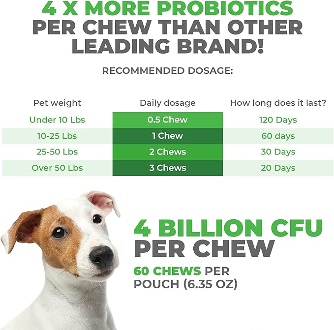 Mighty Petz MAX 5-in-1 Probiotics for Dogs - 4 Billion CFUs Probiotic Chews for Dogs and Digestive Enzymes + Prebiotic + Fiber. Gut Health, Anti Diarrhea, Allergy & Immunity Support