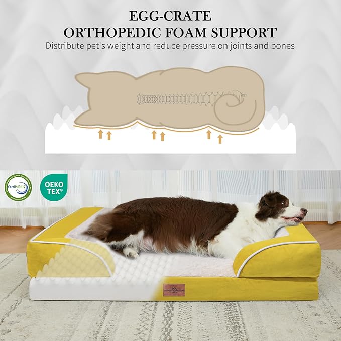 Orthopedic XL Dog Beds, Waterproof Extra Large Dog Bed with Bolster, Washable Dog Bed Sofa with Removable Cover & Non-Slip Bottom(X-large,Spicy Mustard)
