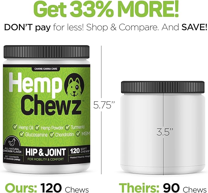 for Dogs | Hip and Joint Supplement for Dog Joint Pain Relief Infused with Organic Hemp Oil, Glucosamine, Chondroitin, Turmeric, MSM to Enhance Mobility, Flexibility & Comfort