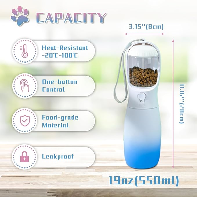 Outdoor Dog Water Bottle, Portable Puppy Essentials for Camping Travel, Food Grade Travel Dog Water Bowl Dispenser, Large Capacity Pet Water Bottle, Gifts for Dog (19Oz, White&Blue)