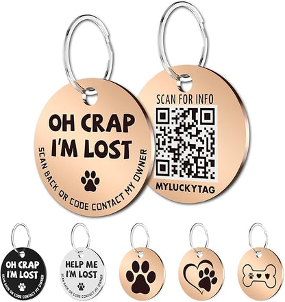 MYLUCKYTAG Stainless Steel QR Code Pet ID Tags Dog Tags - Pet Online Profile - Scan QR Receive Instant Pet Location Alert Email