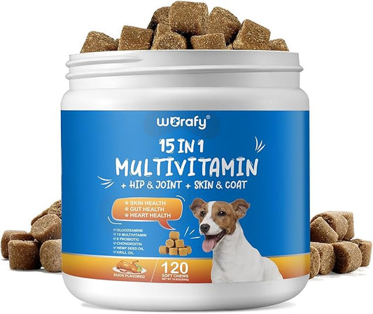Dog 15-in-1 Multivitamin Chewable, Dog Vitamins & Supplements, Pet Joint Support Health - Immunity - Mobility - Gut - Skin, Dog Vitamins with Biotin, Cranberry, Glucosamine for Dogs (120 Chews)