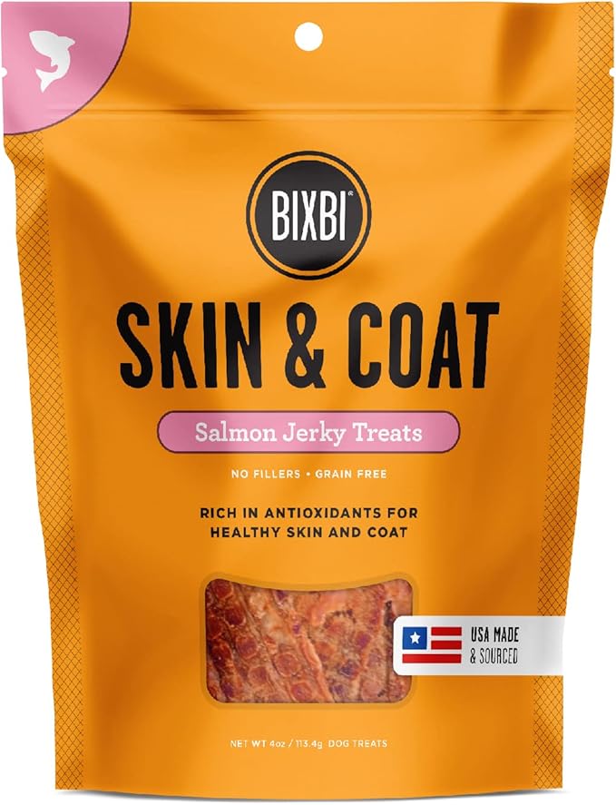 BIXBI Skin & Coat Support Salmon Jerky Dog Treats, 4 oz - USA Made Grain Free Dog Treats - Antioxidant Rich to Support Shiny, Full Bodied Coats - High in Protein, Whole Food Nutrition, No Fillers