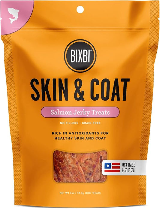 BIXBI Skin & Coat Support Salmon Jerky Dog Treats, 4 oz - USA Made Grain Free Dog Treats - Antioxidant Rich to Support Shiny, Full Bodied Coats - High in Protein, Whole Food Nutrition, No Fillers