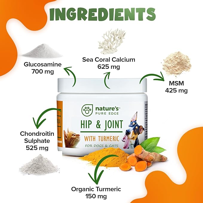 POWERFUL PET HIP & JOINT - with ORGANIC TURMERIC - Natural Ingredients - Triple Strength - Chondroitin - Glucosamine - MSM - Organic Sea Coral Calcium. Extra Large 170 Grams.