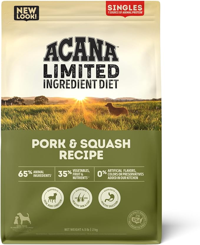 ACANA Singles Limited Ingredient Dry Dog Food, Grain Free, High Protein, Pork & Squash Recipe, 4.5 lb