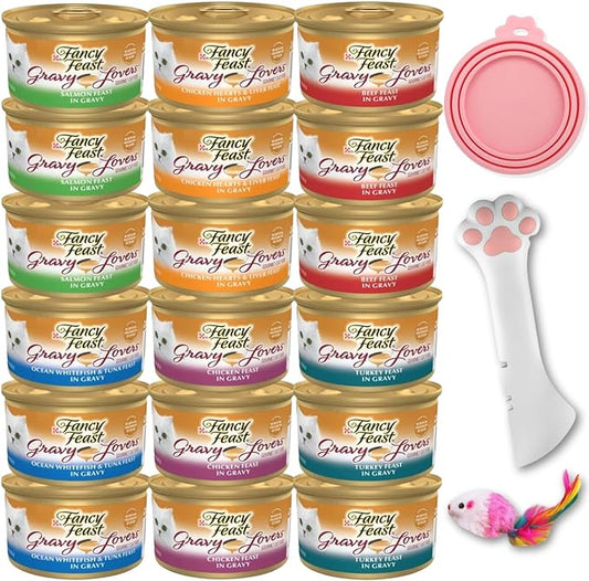 Fancy Feast Wet Cat Food Gravy, Grain Free Chicken Hearts & livers, Turkey, Beef and Seafood Variety Bundle (Pack of 18) 3oz. Cans & 1 Exclusive kit (1x can Sealer, 1x can Opener, 1x Mouse Toy)