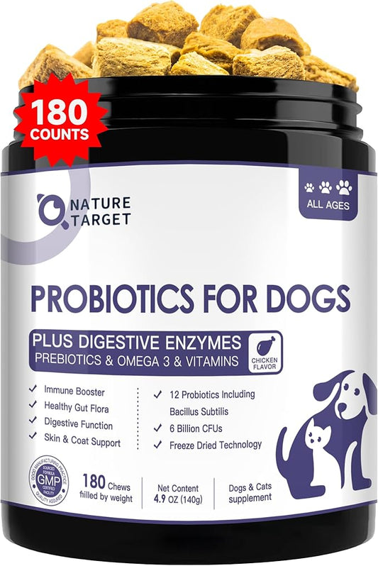 Probiotics for Dogs, 6 Billion CFUs, Freeze Dried Dog Probiotics with Prebiotics and Enzymes for Diarrhea, Gas, Vitamins and Omega 3 for Skin & Immune Health, Allergy Itch Relief, 180 Count