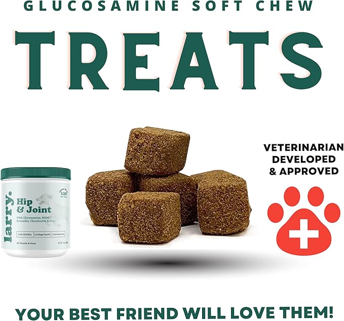 Dog Hip and Joint Supplement by Larry | Chondroitin, MSM, Hyaluronic Acid, & Glucosamine for Dogs | Dog Hip & Joint Care for All Breeds & Sizes | Dog Treats for Hip and Joint Health, (120 Soft Chews)
