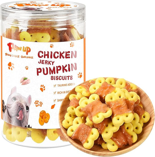 Dog Treats Chicken Wrapped Pumpkin Biscuits, Grain Rawhide and Gluten Free, w/Taurine Low Fat Healthy Chewy Training Treats,12.5 oz