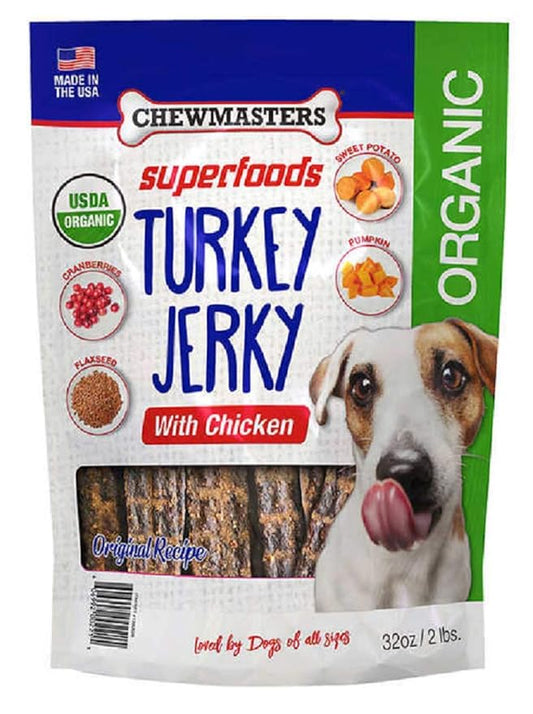 Chewmasters Organic Superfoods Turkey Jerky Dog Treats with Chicken, 2 Pound Bag, USDA Premium Organic Turkey, Made in The USA, by-Product Free, Real Meat Dog Treat, All Life Stages