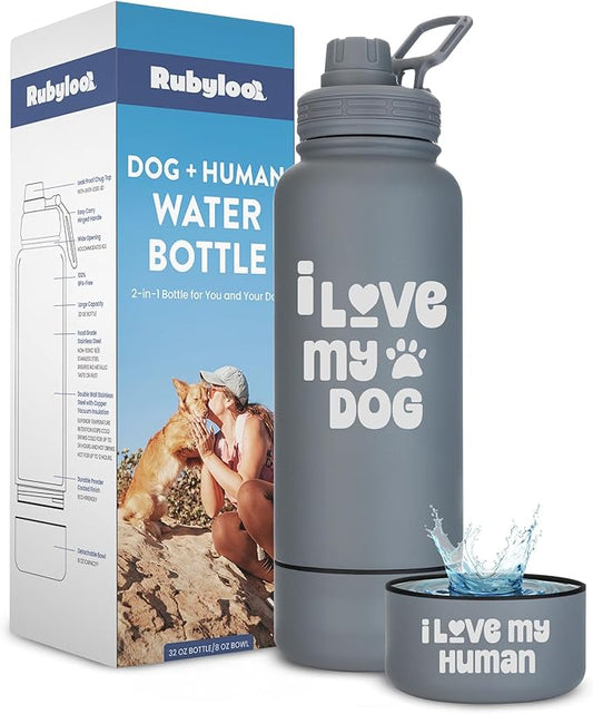 Dog Water Bottle for Dog Lovers - 32 oz Stainless Steel Double Wall Insulated Water Bottle with 8 oz Attached Dog Bowl - Best Dog Mom Gifts for Women - “I Love My Dog” - Smokey Grey
