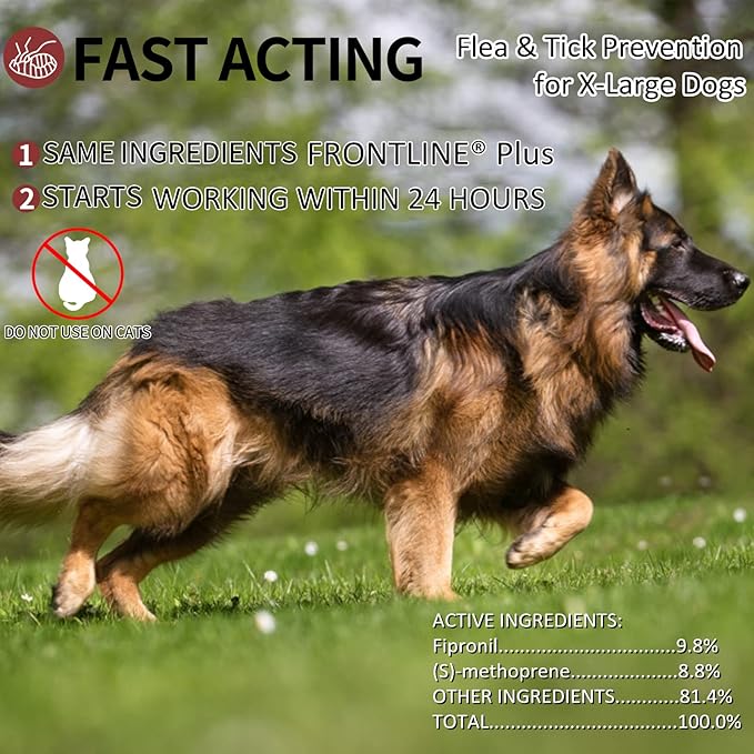 Flea and Tick Prevention for Dogs, X-Large Dog Flea & Tick Control with Fipronil, Long-Lasting & Fast-Acting Topical Flea & Tick Treatment Drops for Extra Large Dogs, 89 to 132 lbs, 3 Doses