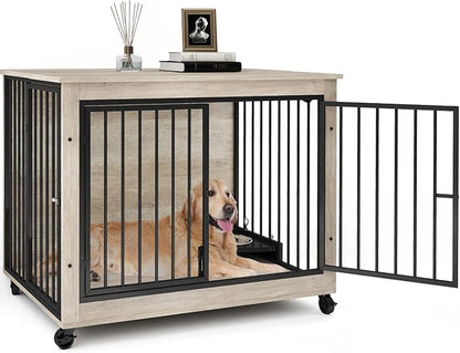 39 Inch Large Wooden Dog Crate Furniture with 180° Rotatable Bowl, Grey Multi-Functional Dog Crate End Table with Wheels, Furniture Dog Crate for Large Dogs with Flip-up Top Opening
