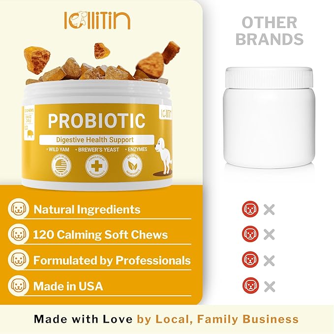 Probiotics for Dogs - 120 Chews - Made in USA - All Natural - Dog Supplement for Gut & Digestive Health, Immune Support - Prebiotics, Fiber, Enzymes for Gut Flora - Diarrhea & Bowel Support