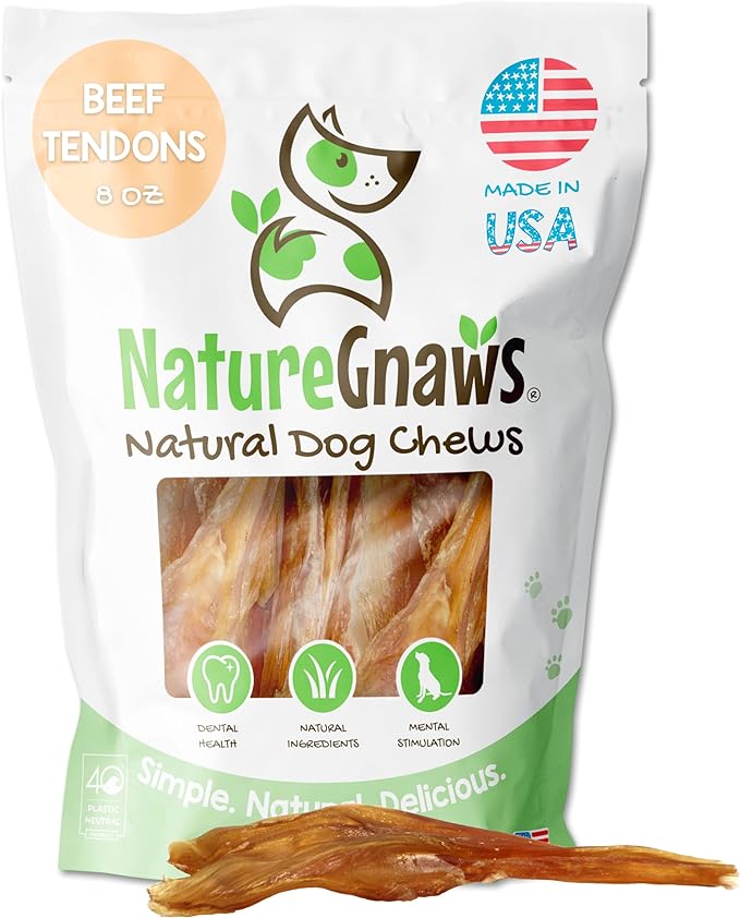Nature Gnaws USA Beef Tendons for Dogs – Single Ingredient Natural Dental Chews - Long Lasting and Rawhide Free Dog Treats, 8.00 Ounce (Pack of 1)