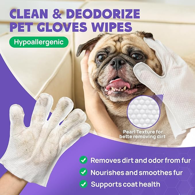 HICC PET Cleaning & Deodorizing Bathing Wipes for Dogs and Cats, Nourish Fur Coconut Oil Grooming Wipes for Dog/Cat, Pet Bathing Gloves Wipes for Daily Care and Traveling, Hypoallergenic