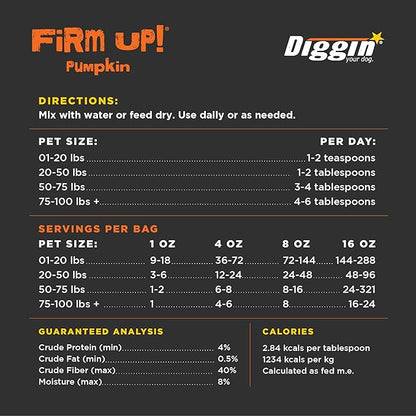 Diggin’ Your Dog Firm Up Pumpkin for Dogs & Cats, 100% Made in USA, Pumpkin Powder for Dogs, Digestive Support, Apple Pectin, Fiber, Healthy Stool, 8 oz