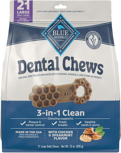 Blue Buffalo Dental Chews Large Natural Dog Treats, Chicken & Spearmint 33-oz Bag (21 Count)