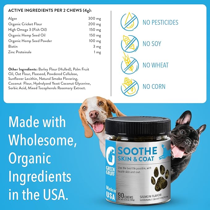 Green Gruff Dog Skin and Coat Supplement - Organic Dog Allergy Chews - Dry Skin, Shedding, Dog Itch Relief - Dog Omega 3 Supplement - Made in USA, Protein - Rich - Anti Itch for Dogs - 90 Chews