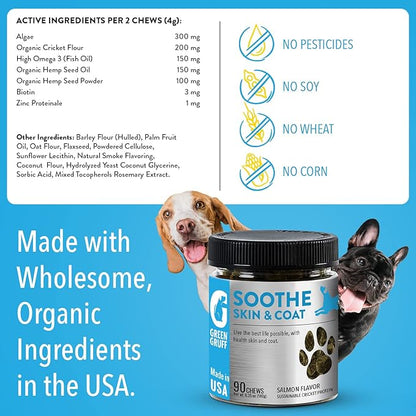 Green Gruff Dog Skin and Coat Supplement - Organic Dog Allergy Chews - Dry Skin, Shedding, Dog Itch Relief - Dog Omega 3 Supplement - Made in USA, Protein - Rich - Anti Itch for Dogs - 90 Chews