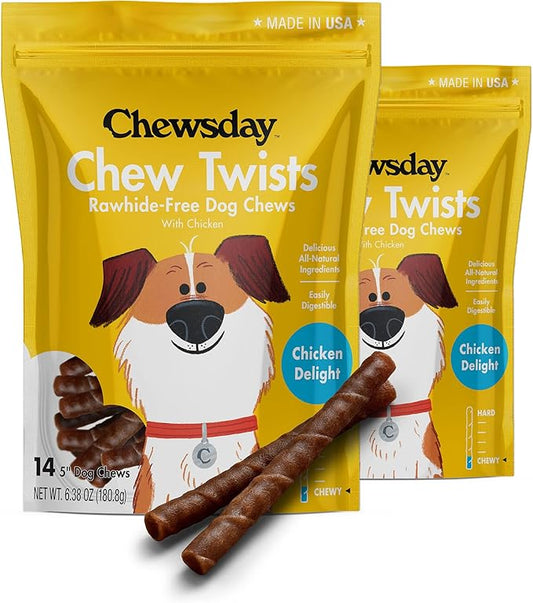 5-Inch Chewy Dog Chew Twists, Made in The USA, All Natural Rawhide-Free Highly-Digestible Treats, Chicken Delight - 28 Count