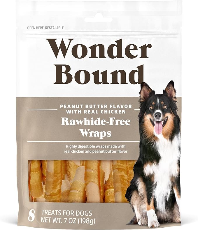 Amazon Brand - Wonder Bound Chicken Wrapped Medium Sticks, Peanut Butter Flavor - 8 Count - Rawhide-Free Dog Treats, Dental Health Chews for Plaque & Tartar Control, Easy to Digest, Long-Lasting