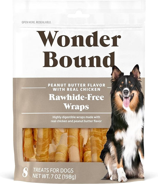 Amazon Brand - Wonder Bound Chicken Wrapped Medium Sticks, Peanut Butter Flavor - 8 Count - Rawhide-Free Dog Treats, Dental Health Chews for Plaque & Tartar Control, Easy to Digest, Long-Lasting