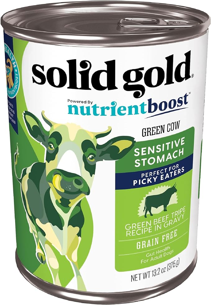 Solid Gold Green Cow Wet Dog Food Mix in for Adult & Senior Dogs for Picky Eaters - Canned Dog Food Additive to Mix with Kibble - Beef Tripe for Sensitive Stomachs 6 Pack/13.2 oz Cans