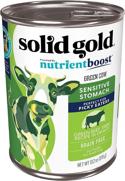 Solid Gold Green Cow Wet Dog Food Mix in for Adult & Senior Dogs for Picky Eaters - Canned Dog Food Additive to Mix with Kibble - Beef Tripe for Sensitive Stomachs 6 Pack/13.2 oz Cans