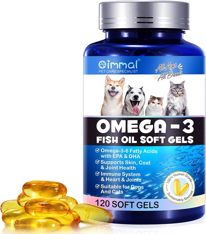 Omega 3 Fish Oil Soft Gels for Dog's Skin, Joints and Coat, Salmon Fish Oil Soft Gels for Dogs & Cats, Natural EPA + DHA Fatty Acids for Joint Function, Immune & Heart Health, Wild Alaskan Salmon Oil