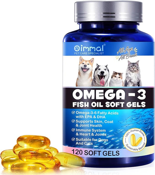 Omega 3 Fish Oil Soft Gels for Dog's Skin, Joints and Coat, Salmon Fish Oil Soft Gels for Dogs & Cats, Natural EPA + DHA Fatty Acids for Joint Function, Immune & Heart Health, Wild Alaskan Salmon Oil