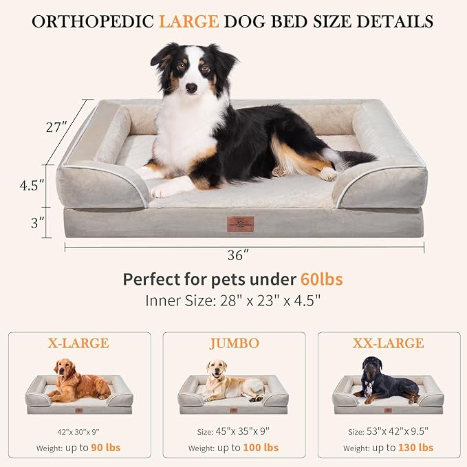 Waterproof Dog Beds for Large Breed Dogs, Large Dog Beds Orthopedic Foam, Comfy Pet Bed Sofa with Washable Removable Cover & Non-Slip Bottom(Large,Beige)