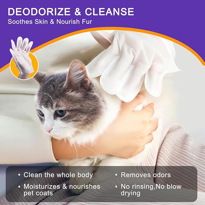 Dog Bath Supplies, No Rinse Pet Wipes, Cleaning & Deodorizing Grooming Gloves, Pet Bathing Gloves Wipes for Daily Care and Traveling, Hypoallergenic- 10PCS